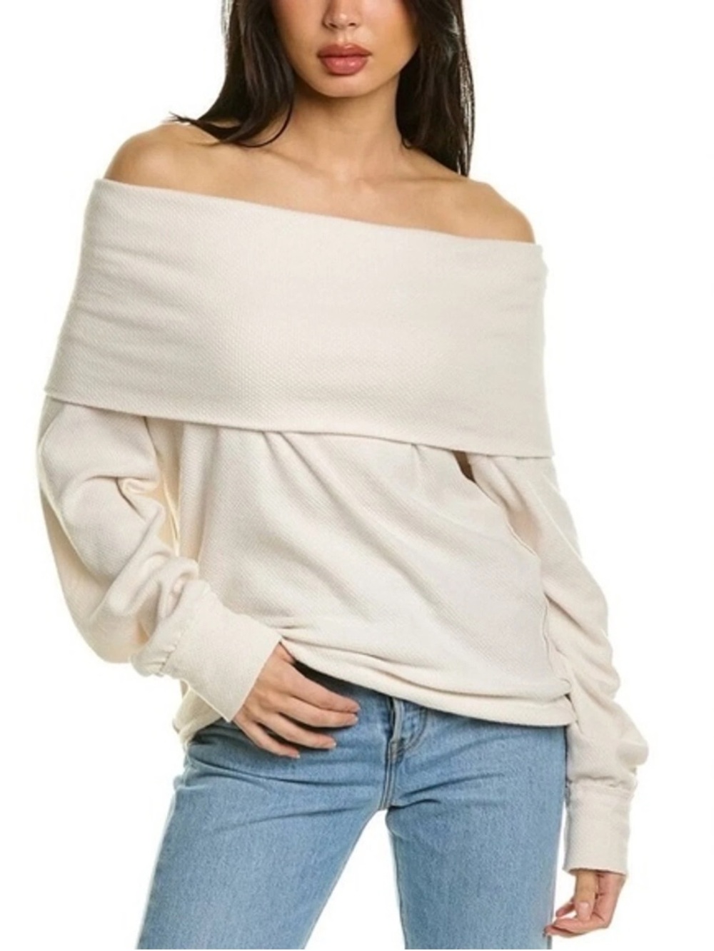 Free People Hazy Heart Off Shoulder Thermal Top Cream Medium
